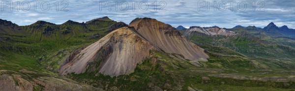 Mountains, coast, summer, aerial view, morning light, volcanic, cloudy, panorama, Faskrudsfjördur, East Fjords, Iceland