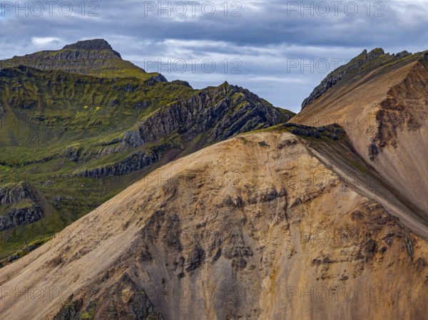 Mountains, coast, summer, aerial view, morning light, volcanic, cloudy, Faskrudsfjördur, East Fjords, Iceland