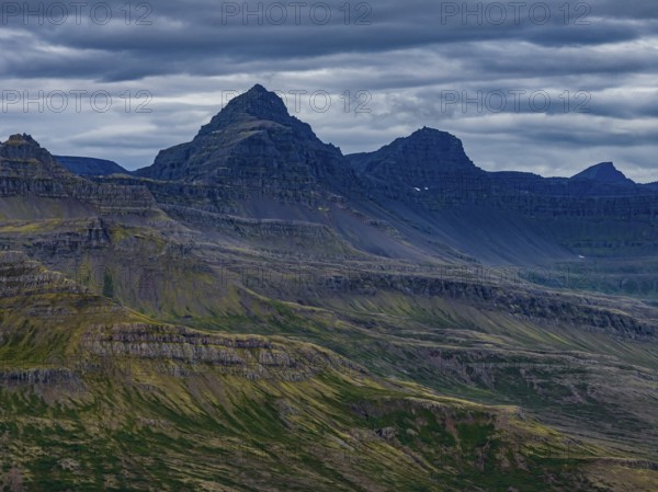 Mountains, coast, summer, aerial view, volcanic, cloudy, Faskrudsfjördur, East Fjords, Iceland
