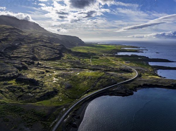 Mountains, morning light, fjord, coast, summer, road, coastal road, backlight, aerial view, Berufjördur, East Fjords, Iceland