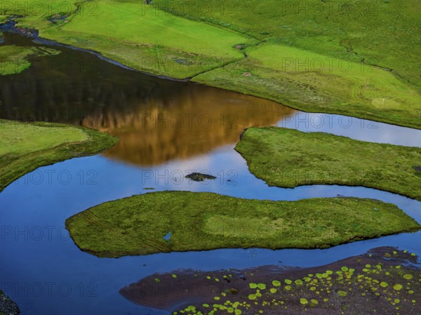 Morning light, river, river delta, river course, reflection, summer, aerial view, Stodvarfjördur, East Fjords, Iceland