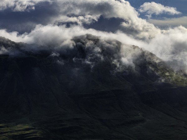 Mountains, morning light, summer, aerial view, fog, Berufjördur, East Fjords, Iceland