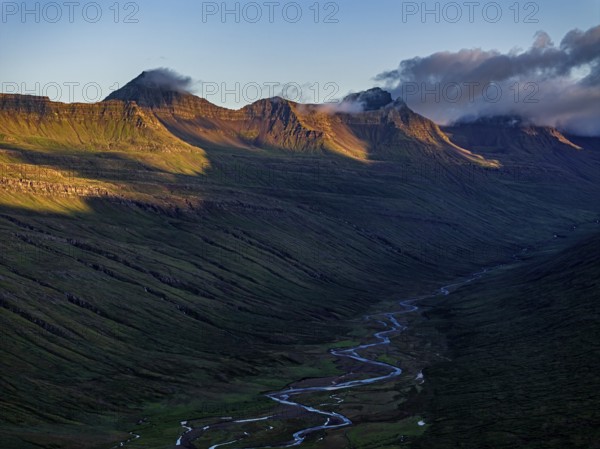 Mountains, morning light, river, river delta, river course, coast, summer, aerial view, Stodvarfjördur, East Fjords, Iceland