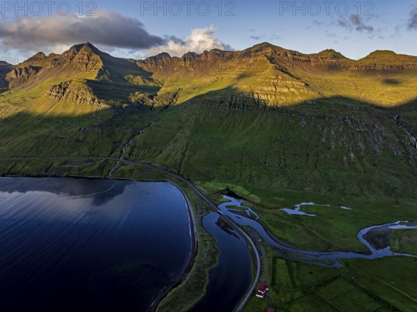 Mountains, Morning light, Fjord, Coast, Summer, Aerial view, Road, Stodvarfjördur, East Fjords, Iceland