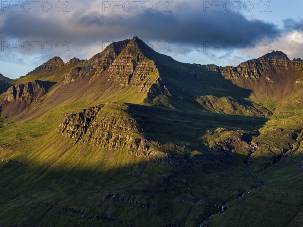 Mountains, Morning light, River, Coast, Summer, Aerial view, Stodvarfjördur, East Fjords, Iceland