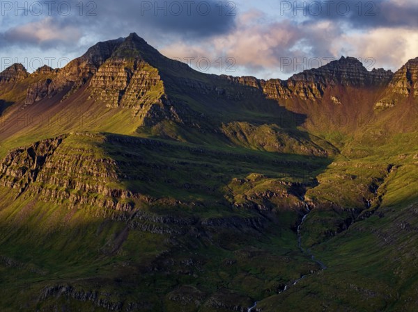 Mountains, morning light, valley, river, river course, coast, summer, aerial view, Stodvarfjördur, East Fjords, Iceland