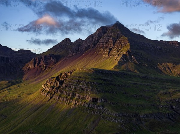Mountains, Morning light, Summer, Aerial view, Stodvarfjördur, East Fjords, Iceland