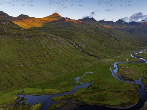 Mountains, morning light, valley, river, river course, river delta, coast, summer, aerial view, Stodvarfjördur, East Fjords, Iceland