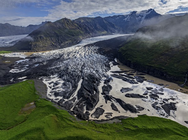 Ice floes, glacier, glacier tongue, glacier lake, sunny, cloudy, morning mood, mountains, reflection, aerial view, summer, Svinavellsjökull, Skaftafell, Vatnajökull National Park, Iceland