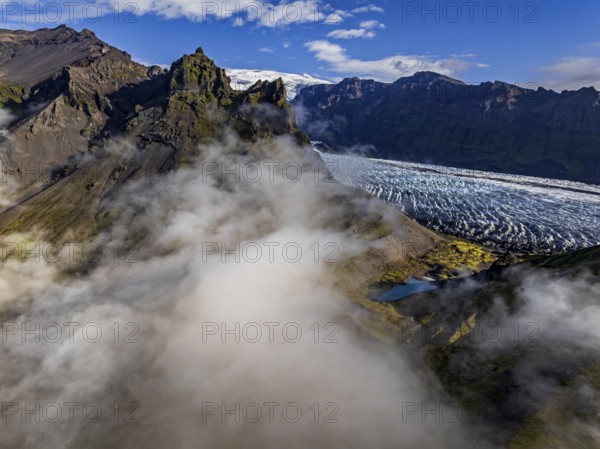 Glacier, glacier tongue, sunny, morning mood, mountains, fog, aerial view, summer, Kviarjökull, Vatnajökull, Iceland