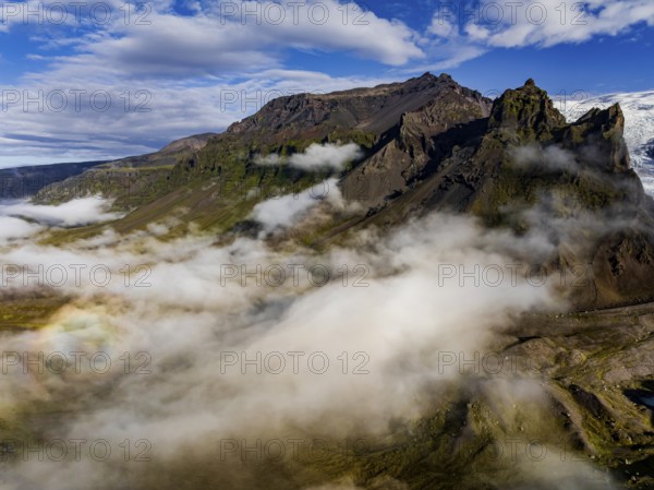 Glacier, sunny, morning mood, mountains, fog, aerial view, summer, Kviarjökull, Vatnajökull, Iceland