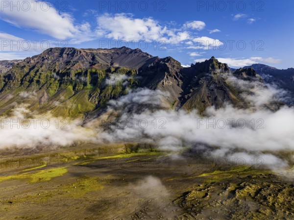 Mountains, sunny, fog, morning light, aerial view, summer, Skaftafell, Vatnajökull, Iceland