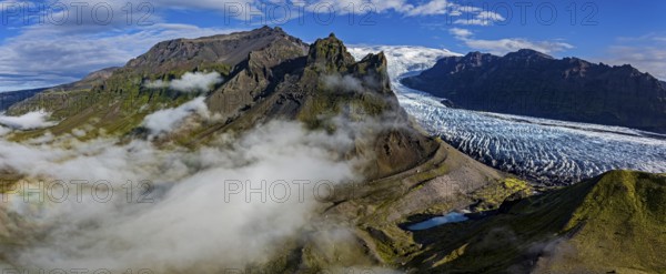 Glacier, glacier tongue, sunny, morning mood, mountains, fog, aerial view, panorama, summer, Kviarjökull, Vatnajökull, Iceland