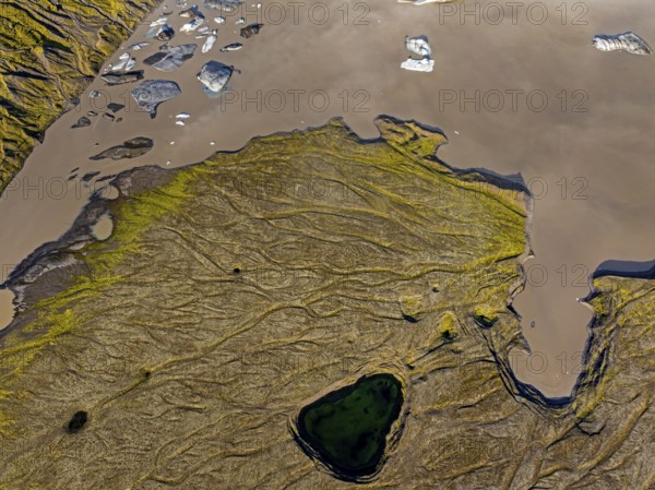 Ice floes, glacial lake, sunny, reflection, aerial view, summer, Kviarjökull, Vatnajökull, Iceland