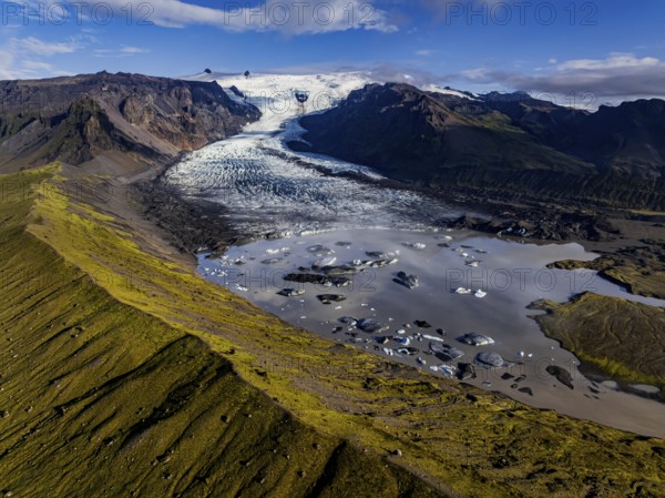 Ice floes, glacier, glacier tongue, glacier lake, sunny, morning mood, mountains, reflection, aerial view, summer, Kviarjökull, Vatnajökull, Iceland