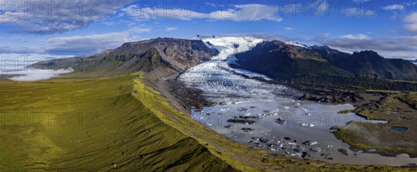 Ice floes, glacier, glacier tongue, glacier lake, sunny, morning mood, mountains, panorama, reflection, aerial view, summer, Kviarjökull, Vatnajökull, Iceland