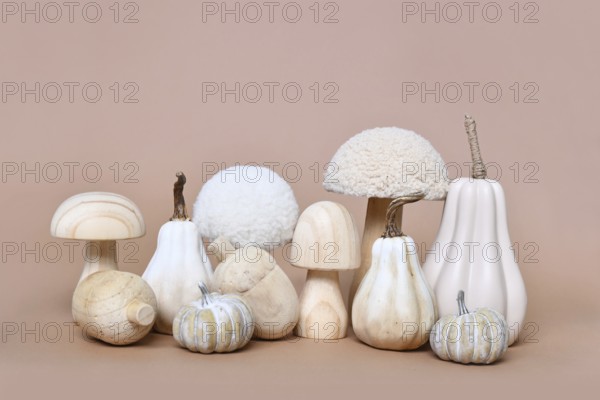 Decorative pumpkin, mushroom and acorn ornaments on beige background. Boho autumn composition