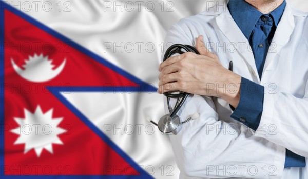 Doctor with stethoscope on Nepal flag. Doctor holding stethoscope on Nepal flag