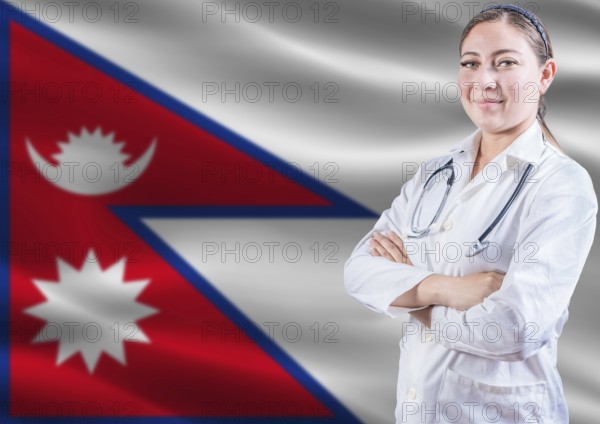 Female doctor on Nepal flag. Doctor with crossed arms on Nepal flag. Nepal health and care concept