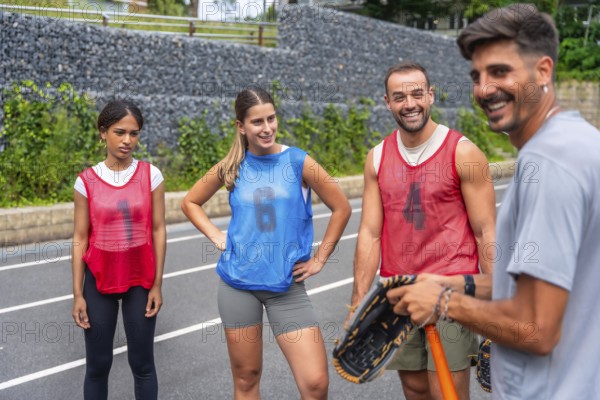 Four happy baseball players are standing together on the field after a game, chatting, smiling, and enjoying each other's company, holding equipment like gloves and bats