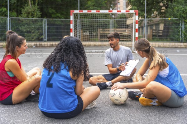 Soccer coach sitting on the ground with clipboard explaining game strategy to female players sitting in a circle around him during a break on the field