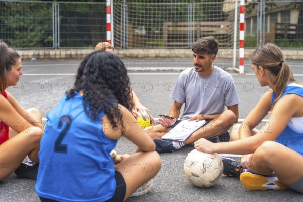 Soccer coach sitting on the ground, using a notebook to explain game strategies to female athletes during an outdoor training session on the court, fostering teamwork and focus