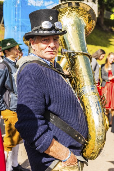 The musician Roland Schleifer with his tuba from the music group Blechblosn, Wiesnwirte Platzkonzert, Festwiese, Theresienwiese, Oktoberfest, Munich, Upper Bavaria, Bavaria, Germany