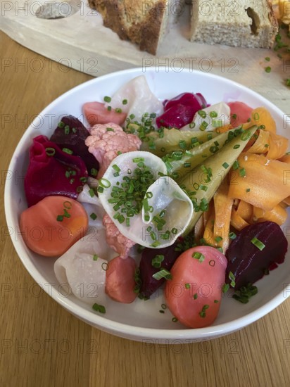 Appetiser, Bowl with pickles, pickled vegetables, bread, Food, Stuttgart, Baden-Württemberg, Germany