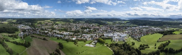Aerial view, panorama of the town of Stockach in Hegau, Lake Constance on the horizon on the right, district of Constance, Baden-Württemberg, Germany