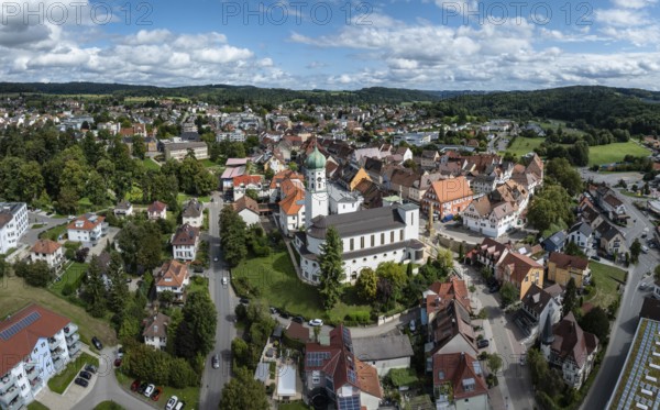 Aerial view of the town of Stockach with the church of St. Oswald in the upper town, historic town centre, Hegau, district of Constance, Baden-Württemberg, Germany