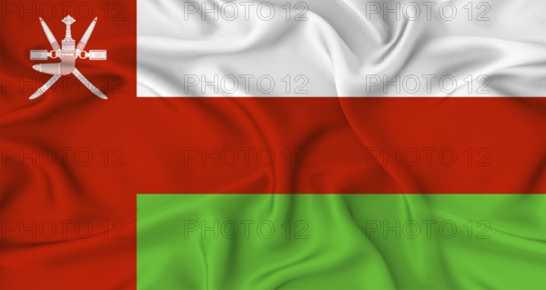 Realistic Oman flag waving. Close up of flag of Oman with cloth texture