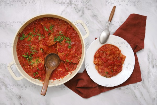 A hearty dish of pappa al pomodoro is in a pot alongside a serving on a white plate. Fresh herbs garnish the rich tomato and bread soup, inviting enjoyment of this traditional Italian comfort food