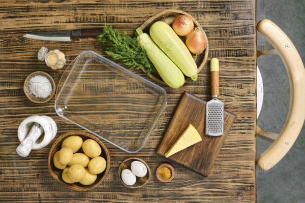 Fresh ingredients for loaded baked potato casserole are displayed on a wooden table. Potatoes, zucchini, onions, and cheese await preparation alongside seasonings and eggs for a delicious dish