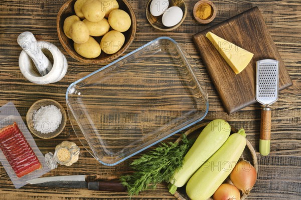 A variety of fresh ingredients are arranged on a wooden table, including potatoes, zucchini, cheese, and eggs. A glass baking dish and kitchen tools are also visible, ready for casserole preparation