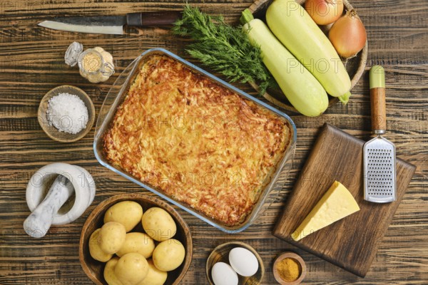 Loaded baked potato casserole sits in a glass dish surrounded by fresh vegetables and spices. Potatoes, cheese, and eggs are prepared alongside zucchini and onions, creating a wholesome meal