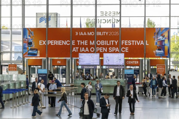 Entrance area at the exhibition halls. IAA MOBILITY in Munich. The motor show presents itself as a holistic mobility trade fair. Cars continue to take centre stage, however, with Chinese manufacturers gaining ground. Munich, Bavaria, Germany
