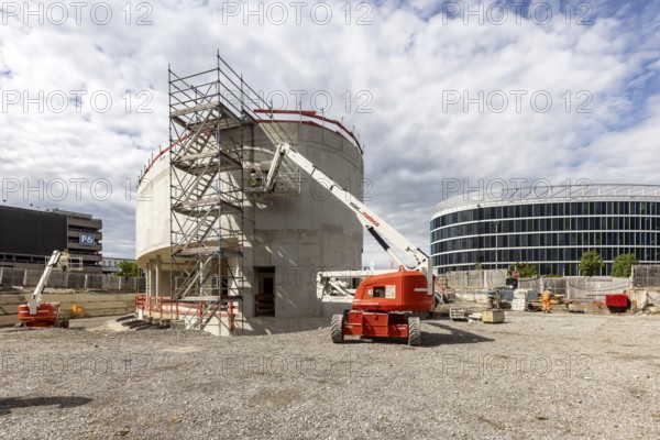 Construction site at the smaller east entrance of the new airport railway station between the airport and the exhibition centre. Exterior view of the building. The tracks are 27 metres below. The new station is scheduled to go online at the end of 2026. Stuttgart, Baden-Württemberg, Germany