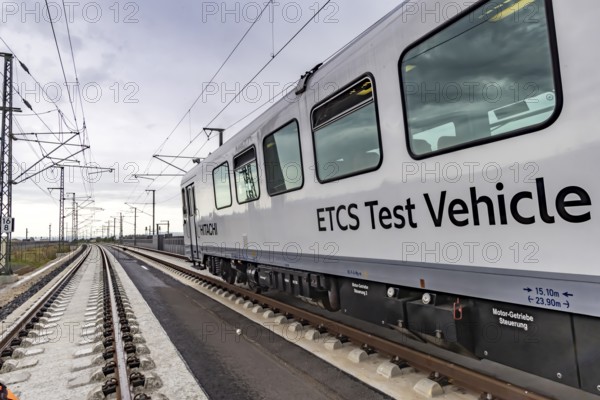 Test run on the new railway line between Wendlingen and the new airport station. The section of the Stuttgart-Ulm high-speed line is due to come online at the end of 2026. It is a central component of the Stuttgart 21 railway project. ETCS Test Vehicle test train. Stuttgart, Baden-Württemberg, Germany