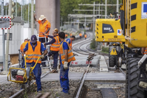 Track construction by Stuttgarter Straßenbahnen AG (SSB) near the Eszet stop. The rails of the U13 line are being renewed due to their age. Stuttgart, Baden-Württemberg, Germany