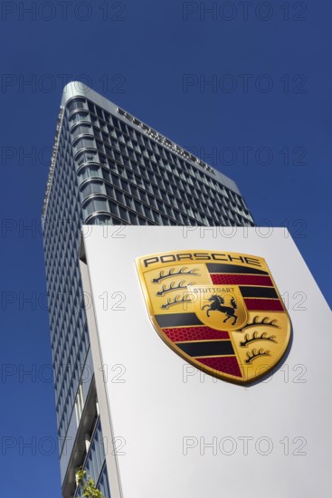 Porsche Centre Stuttgart. Façade with the car manufacturer's logo. Porsche Design Tower. Stuttgart, Baden-Württemberg, Germany