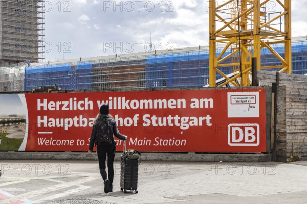 Welcome to Stuttgart Central Station. Banner at the entrance to the platforms. Rail travellers have to take long detours due to the construction work on Stuttgart 21. Stuttgart, Baden-Württemberg, Germany