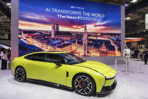 XPeng exhibition stand. With the XPeng P7, the Chinese are targeting sporty drivers. IAA MOBILITY in Munich. The motor show presents itself as a holistic mobility trade fair. Cars continue to take centre stage, however, and Chinese manufacturers are gaining ground. Munich, Bavaria, Germany
