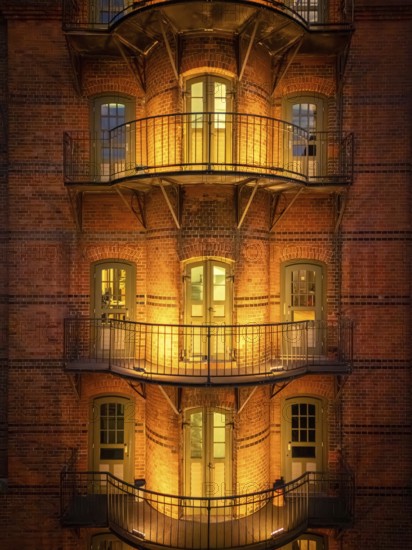 Hamburg warehouse district with evening lighting, Hamburg, Germany