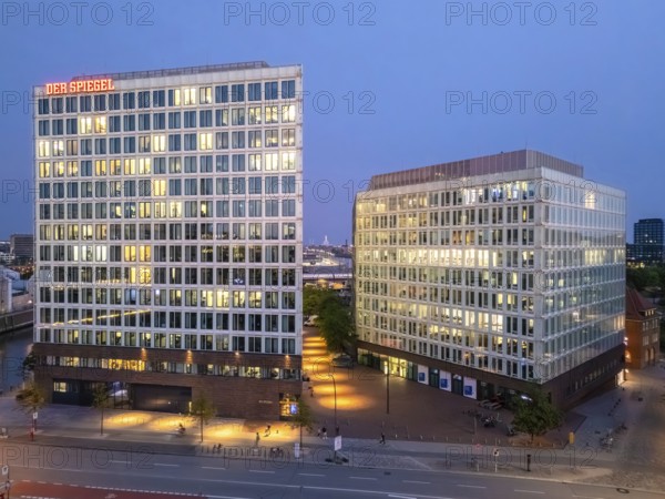 Aerial view of Spiegelhaus at the blue hour, Hamburg, Germany