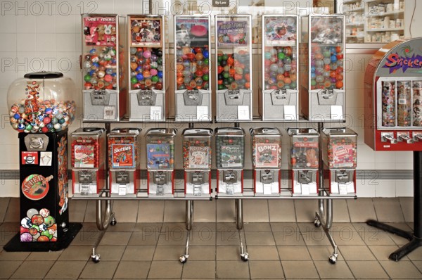 Candy vending machines in a supermarket, Blairstown, New Jersey, USA