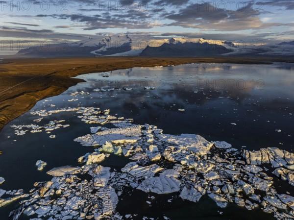 Ice floes, glacier, glacier tongue, fog, clouds, morning mood, mountains, reflection, aerial view, summer, glacier lagoon, Jökulsarlon, Vatnajökull, Iceland