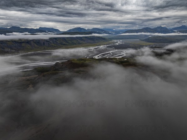 River, river course, river delta, mountains, clouds, summer, aerial view, Hvannagil, south-east Iceland, Iceland