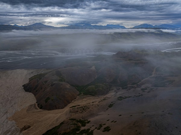 River, river course, river delta, mountains, clouds, canyon, gorge, summer, aerial view, Hvannagil, south-east Iceland, Iceland