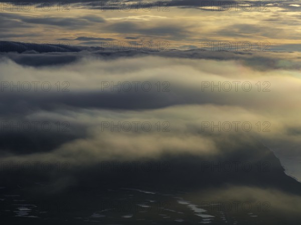 Fog, clouds, morning mood, mountains, aerial view, summer, Höfn, Iceland