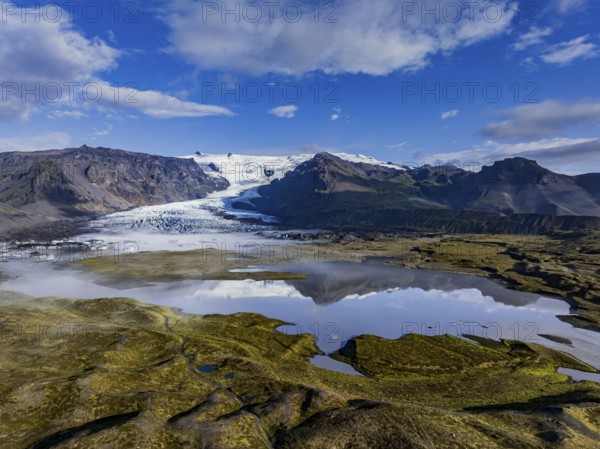 Ice floes, glacier, glacier tongue, glacier lake, sunny, morning mood, mountains, reflection, aerial view, summer, Kviarjökull, Vatnajökull, Iceland